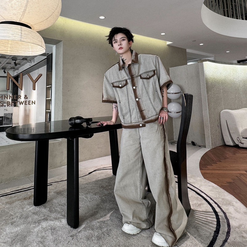 여름 복고풍 황무지 스타일 손으로 그린 ????컬러 차단 데님 반팔 재킷 정장 남성용 와이드 레그 바지 스트리트 투피스 세트