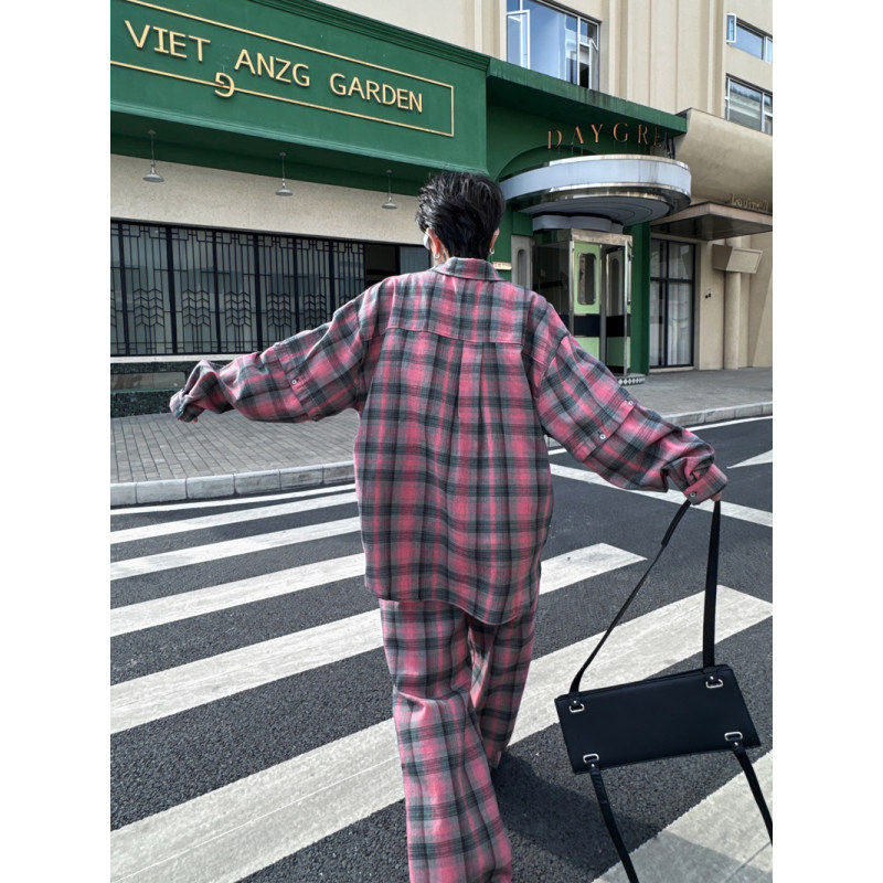 KOREAN FASHION NICHE DETACHABLE SLEEVE CHECKED SHIRT SET MENS DESIGN SENSE WIDE-LEGGED TROUSERS HANDSOME TWO-PIECE SET