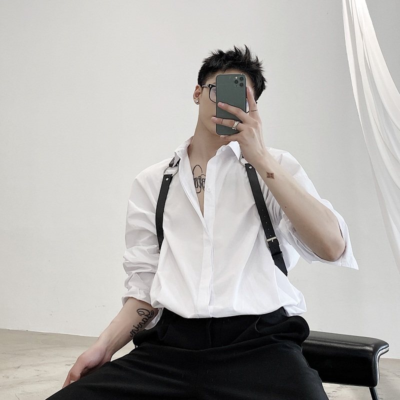 潮牌机能风白衬衫男士个性背带装饰潮流日系发型师痞帅衬衣春秋季_虎窝淘