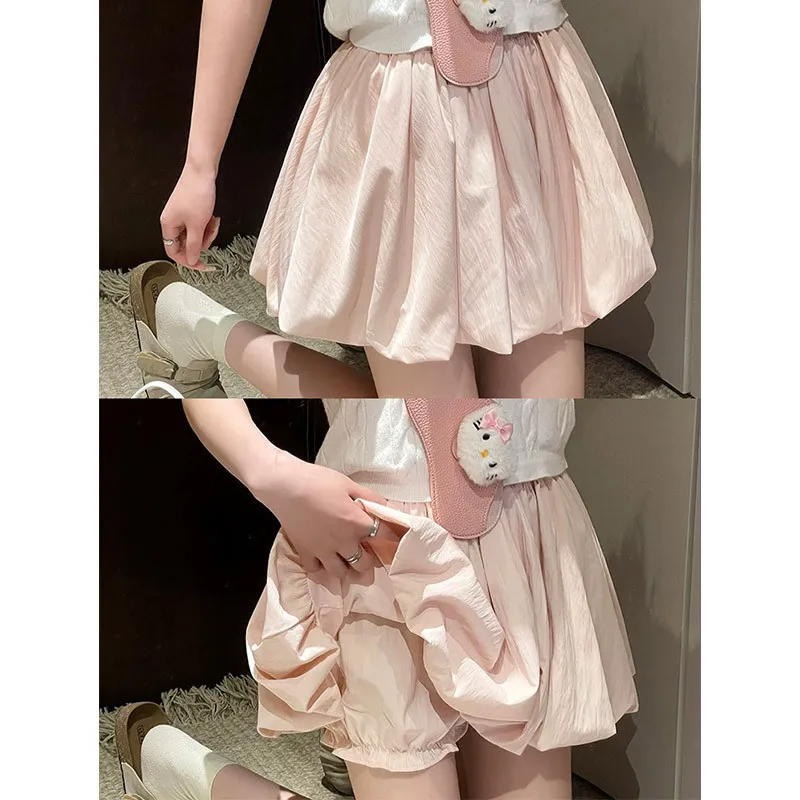 粉色花苞短裙女夏季高腰显瘦a字防走光南瓜裤小个子半身裙百褶裙