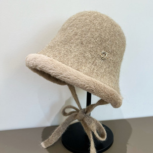 2025帽子女韩版加厚毛毛水桶帽时尚可系绳字母秋冬保暖渔夫帽