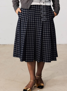 FUNNEL IN原创设计蓝格纹a字百褶中长款半身裙秋冬款