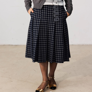 半身裙秋冬款 FUNNEL IN原创设计蓝格纹a字百褶中长款