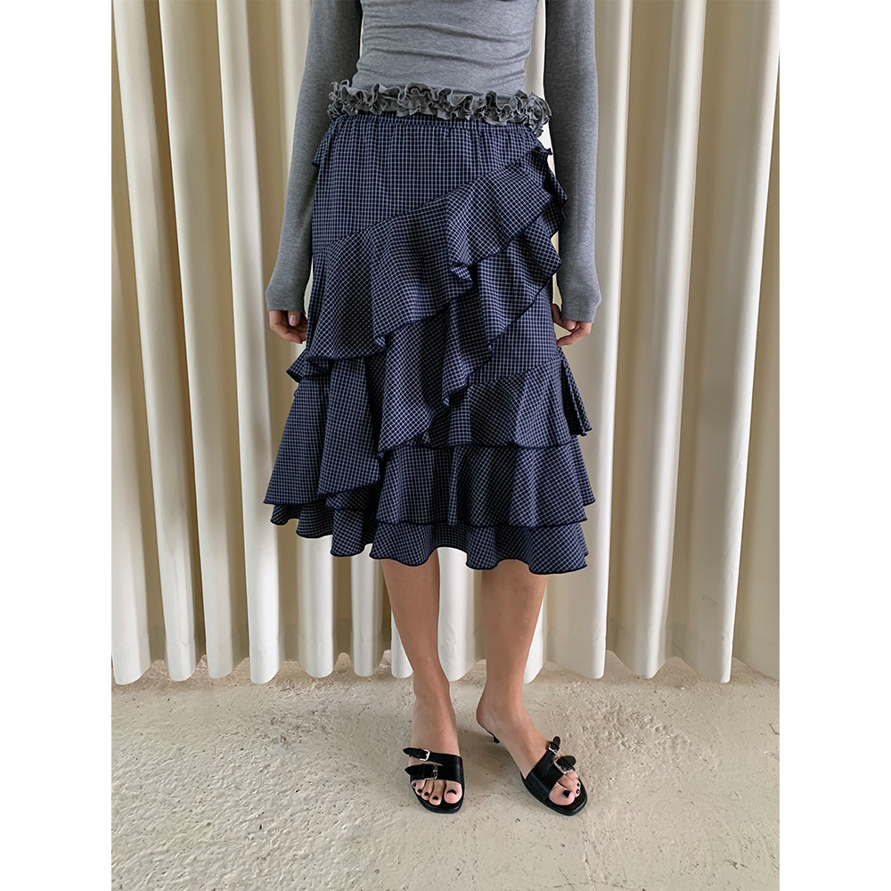 FUNNEL IN格纹荷叶边裙子半身裙小格子不规则遮肉春游裙蛋糕裙