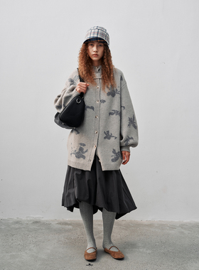 FUNNEL IN 花朵毛衣开衫女2025秋冬季新款羊毛针织衫中长款外套