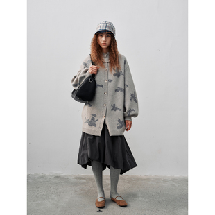 FUNNEL IN 花朵毛衣开衫女2025秋冬季新款羊毛针织衫中长款外套