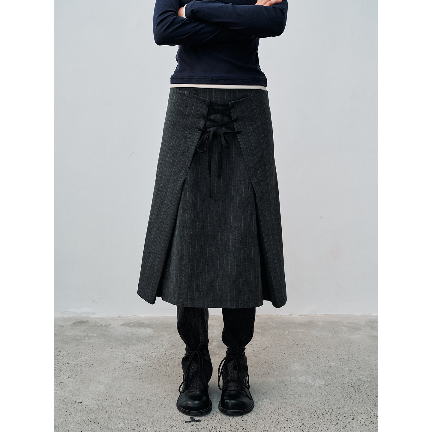 FUNNEL IN 灰色条纹交叉系带半身裙秋冬小众设计感中长款a字裙