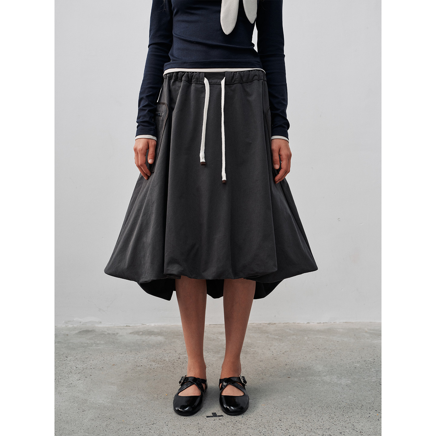 FUNNEL IN复古不规则下摆高腰显瘦撞色抽绳松弛感系带口袋花苞裙