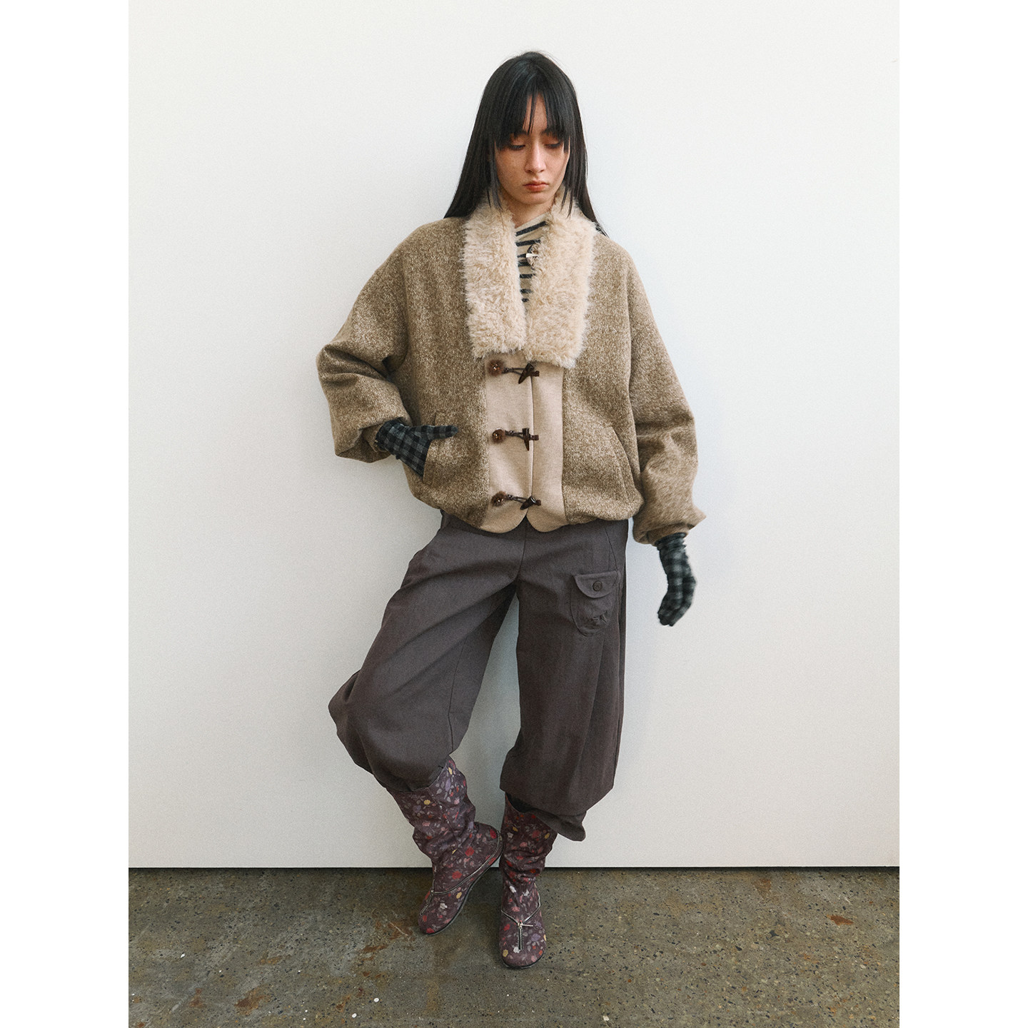 Funnel in可拆卸毛领内里加绒牛角扣毛呢外套女秋冬新品短款大衣