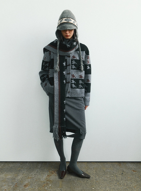 Funnel in美式复古花朵牛角扣毛衣女秋冬宽松慵懒风针织衫上衣冬