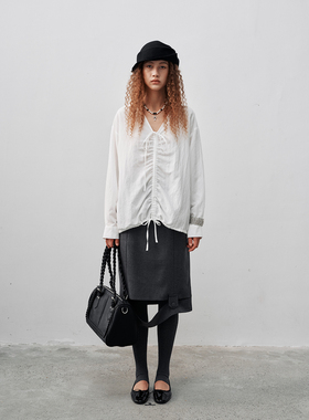 FUNNEL IN早秋法式复古V领前片系带抽褶系带套头衫小众长袖衬衣女