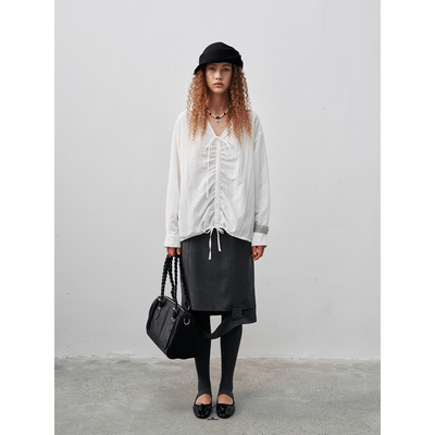 FUNNEL IN早秋法式复古V领前片系带抽褶系带套头衫小众长袖衬衣女