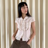 洋气超好看短款 木耳边碎花短袖 FUNNEL 衬衫 女夏修身 法式 上衣