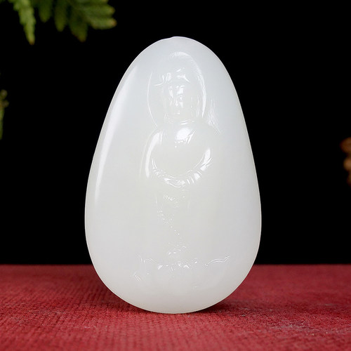 新疆和田玉且末料羊脂白玉高油性高密度观音挂件