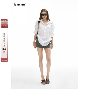 iamxiaa*天丝亚麻透气舒适可调节袖袢后腰绑带金属手工扣OS衬衫