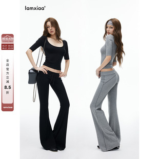iamxiaa*软糯高弹优可丝罗纹U领中袖修身上衣&低腰微喇裤套装