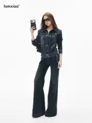 Iamxiaa* Vintage Blue Distressed Washed Double Belt Slim Short Jacket & Low-Rise Straight-Leg Flared Jeans