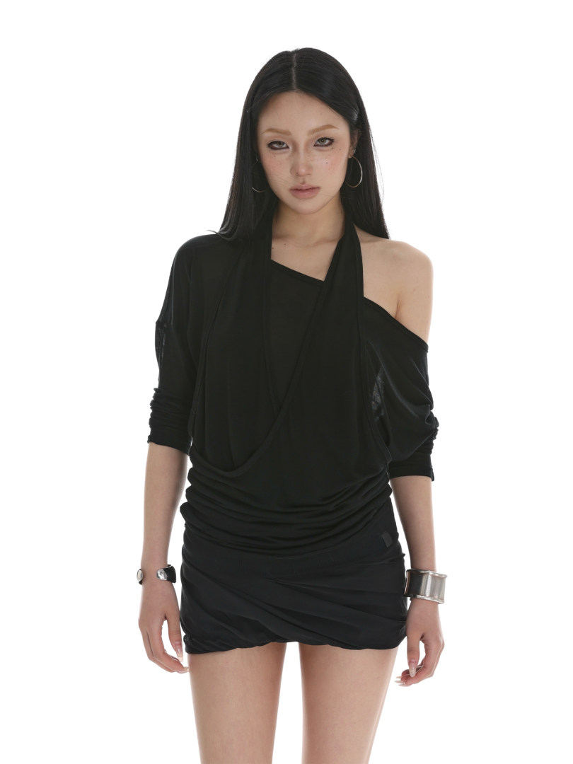 Black asymmetrical one-shoulder mini dress worn by a model