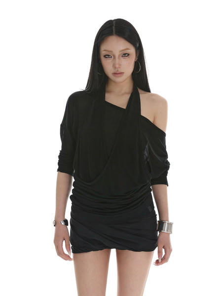 Black asymmetrical one-shoulder mini dress worn by a model