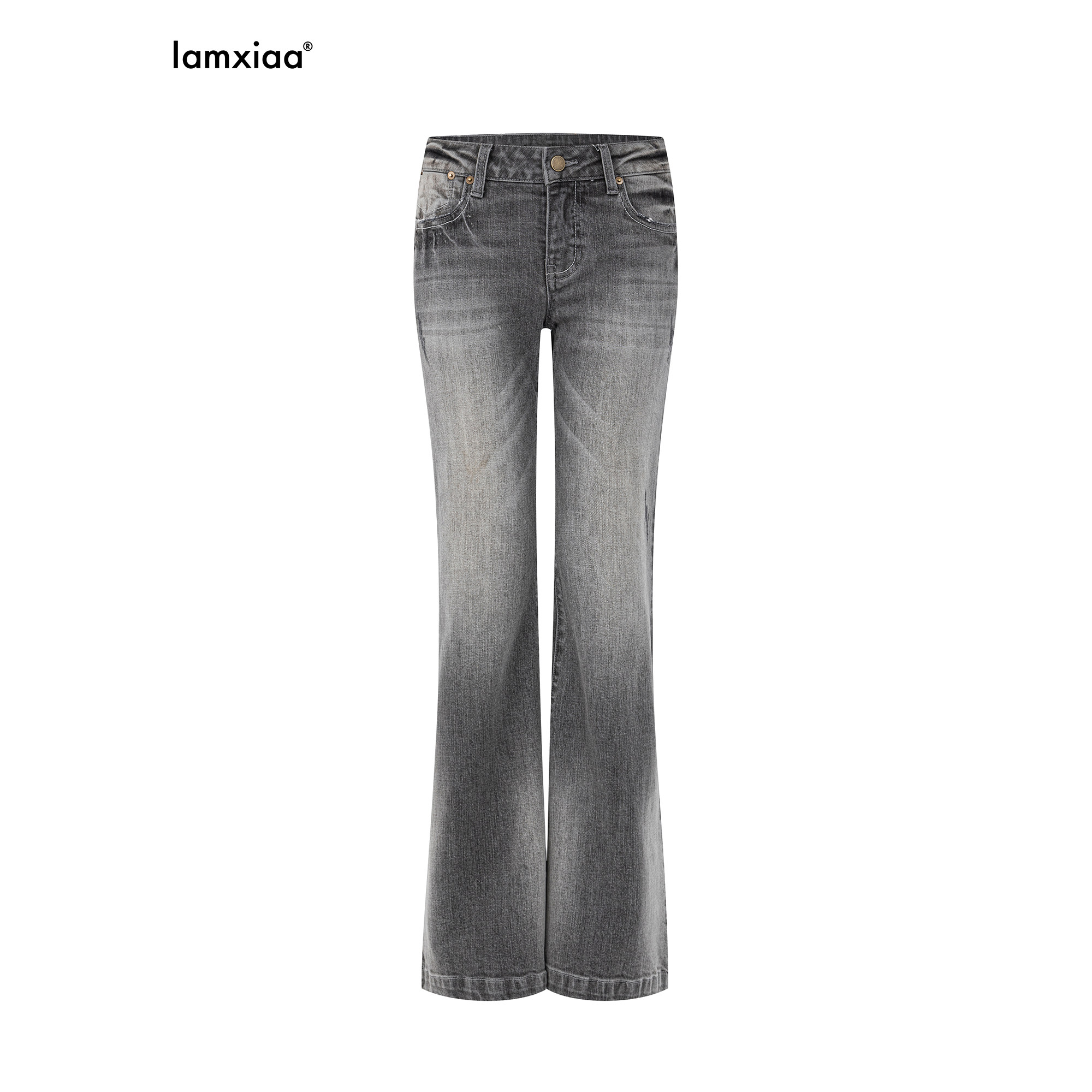 thumbnail for iamxiaa* cotton bulletless bamboo denim vintage dishwashed gray low-rise leg length 90S bootcut pants