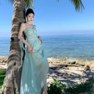 海邊仙適合薄荷綠感 掛脖氛圍拍照美背仙氣長裙蝴蝶結裙子度假