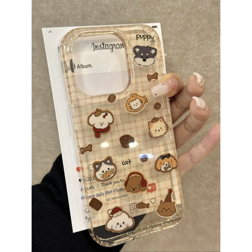 韩系格纹猫咪狗狗头像适用iphone15promax苹果16手机壳新款17女款超火13pro全包透明14pro防摔保护套