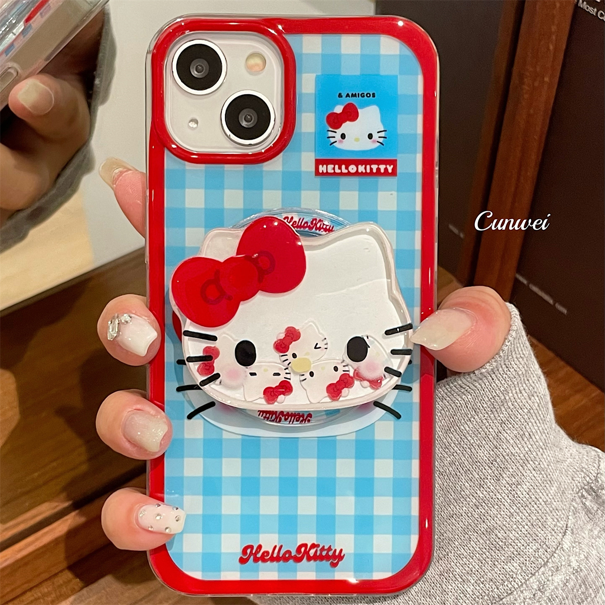 日韩格纹卡通猫咪适用iphone15promax苹果16手机壳新款14摇摇乐磁吸支架12pro女款13pro防摔14pro全包保护套