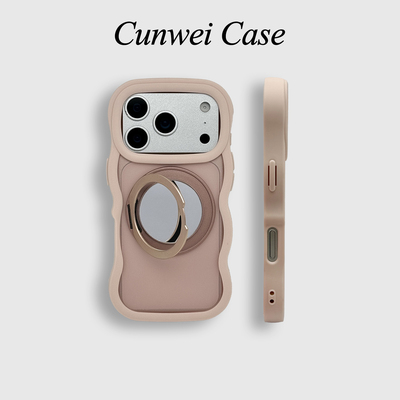 适用iphone17promax手机壳波浪边360镜子支架磁吸苹果16新款15高级感14pro女款13超火15promax防摔保护套