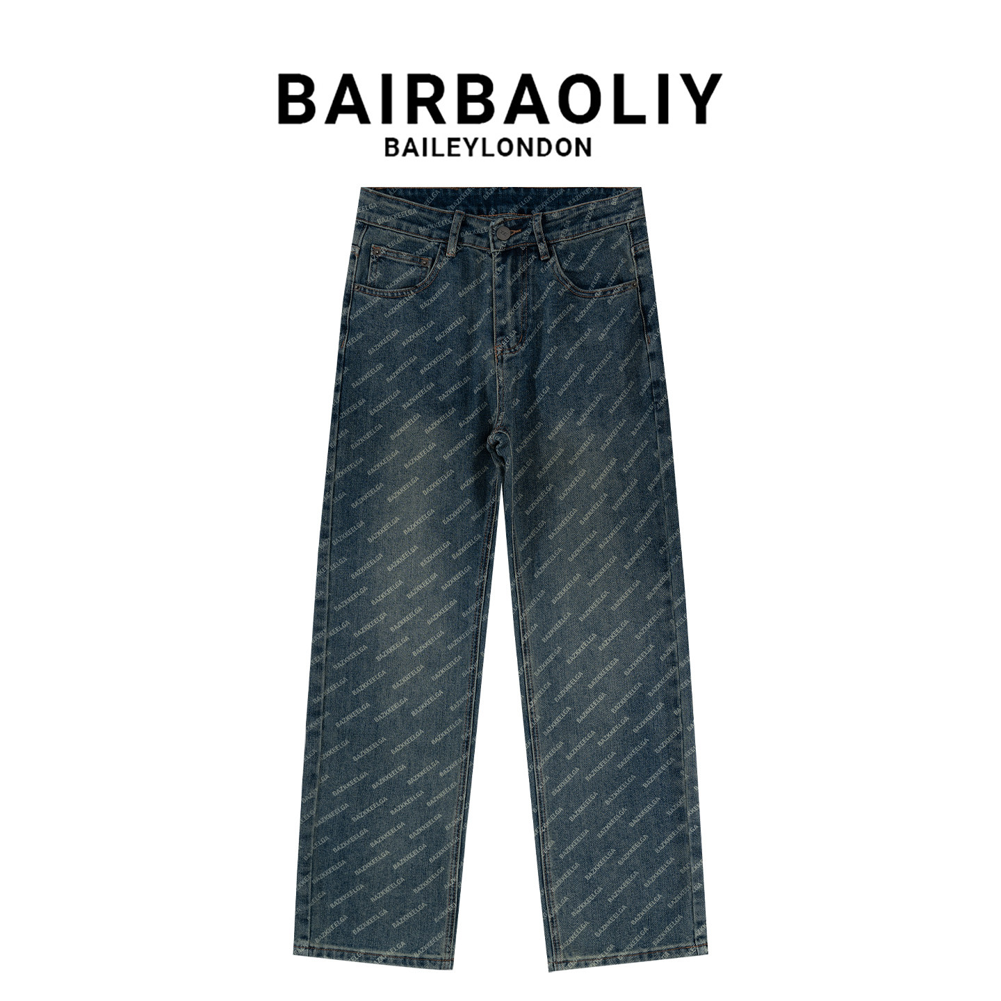 BAIRBAOLIY高奢满印字母直筒牛仔裤男复古水洗潮牌痞帅高街休闲裤