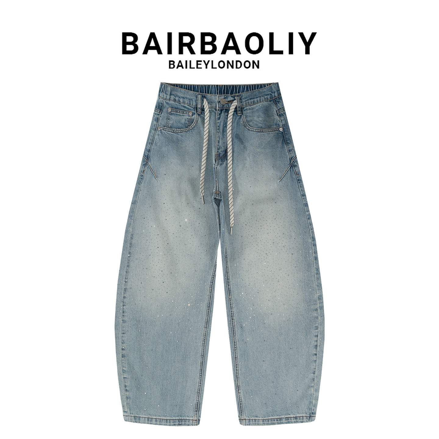 BAIRBAOLIY男款新款满天星烫钻直筒阔腿牛仔裤韩版时尚百搭弯刀裤图片