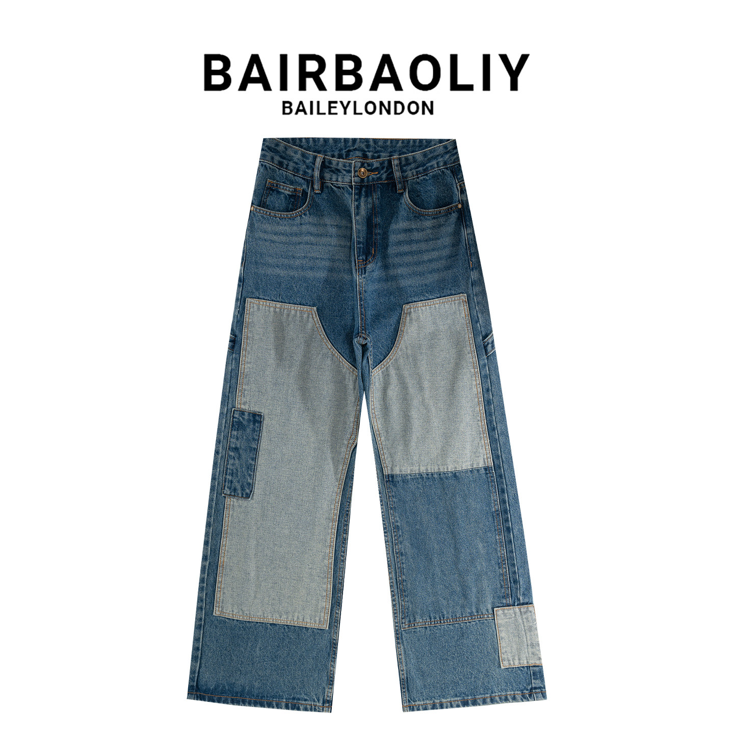 BAIRBAOLIY高端美式巴黎风撞色拼接牛仔裤休闲痞帅宽松直筒阔腿裤,男装,牛仔裤,淘宝优惠券,粉丝福利购,淘宝优惠卷