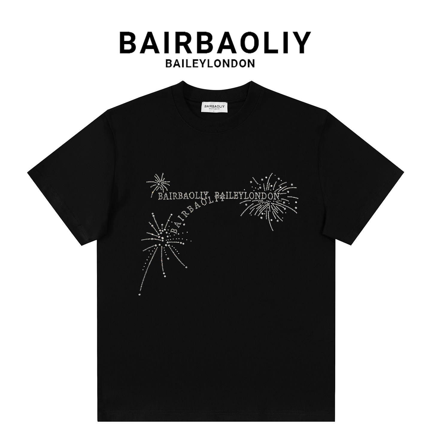 BAIRBAOLIY重工烟花字母烫钻轻奢夏季潮牌高品质短袖T恤男女同款