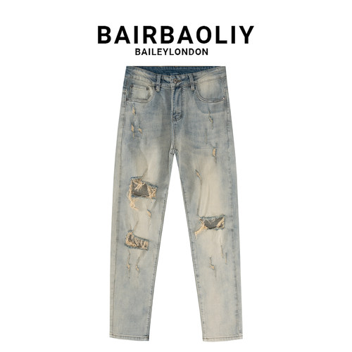 BAIRBAOLIY2026薄款新款时尚休闲百搭怀旧合身小直筒破洞牛仔裤男