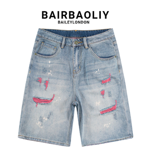 BAIRBAOLIY美式高街粉线破洞牛仔短裤男做旧水洗宽松直筒五分中裤