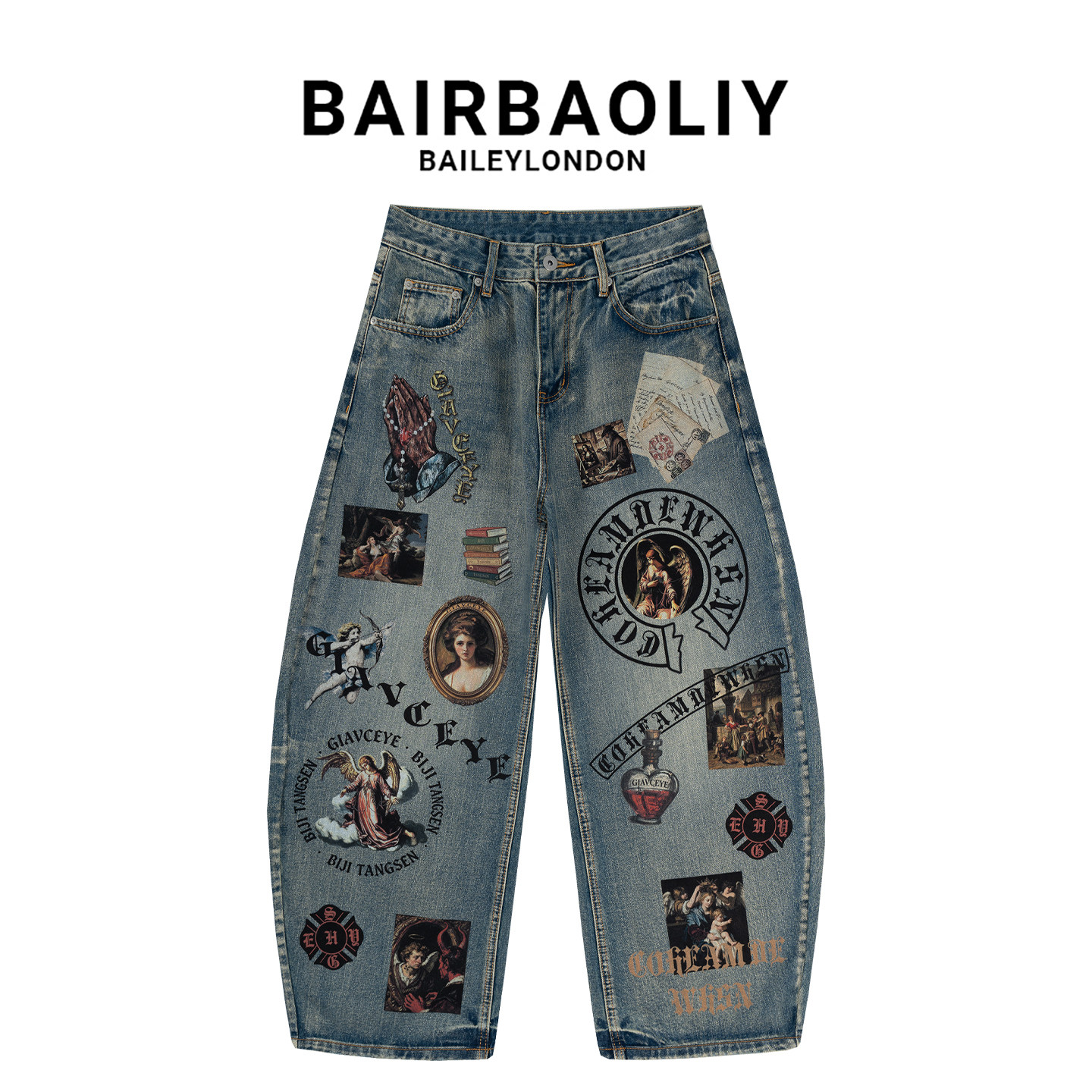 BAIRBAOLIY欧式古典艺术涂鸦印花弯刀牛仔裤男士宽松潮牌休闲长裤