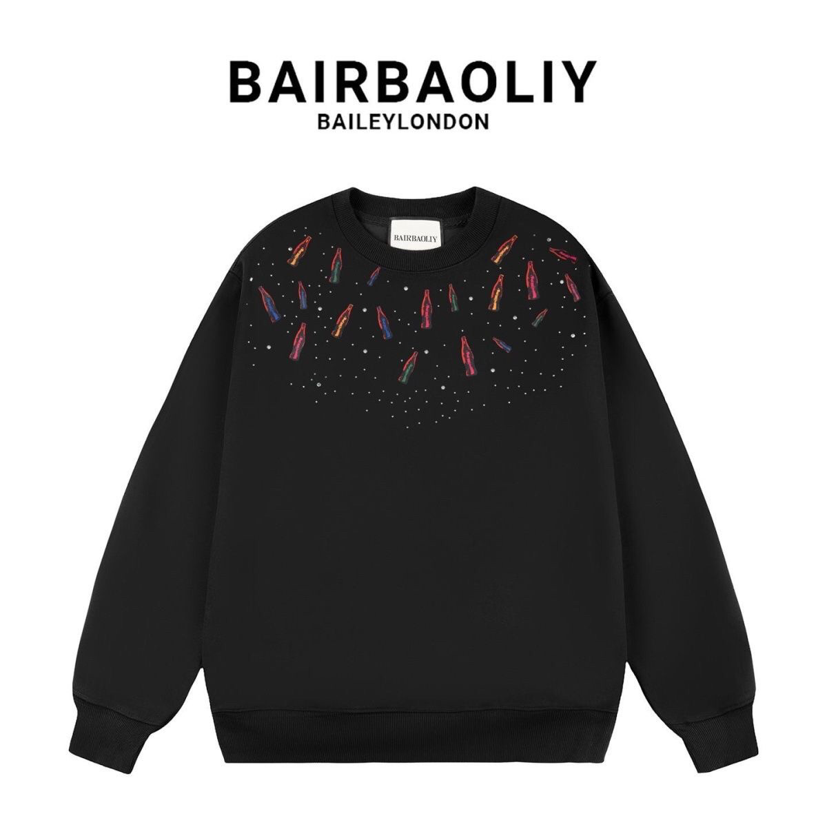 BAIRBAOLIY潮牌可乐烫钻印花秋季男上衣时尚加绒百搭套头圆领卫衣
