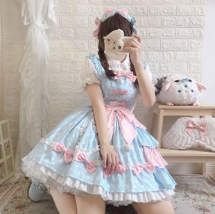 (全款定制不退）原创可爱甜系粉蓝甜心泡芙lolita背带侧开襟波点