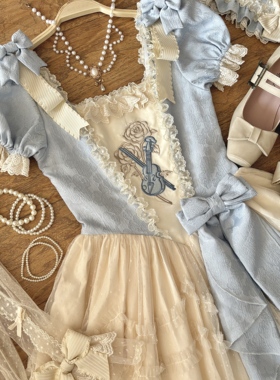 （意向金）原创小提琴刺绣Lolita优雅点纱蓝色泡泡袖op洛丽塔