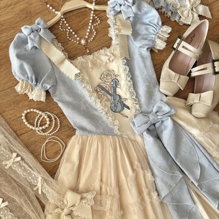 （意向金）原创小提琴刺绣Lolita优雅点纱蓝色泡泡袖op洛丽塔