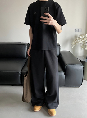 REBELTOREBEL 软糯慵懒松弛感/涤棉混纺双面布/黑色廓形阔腿卫裤