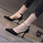 女2025夏季 新款 小众尖头单鞋 真皮磨砂细跟高跟鞋 一字扣带中空凉鞋