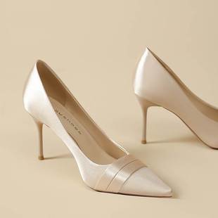 绝美高级感别致高跟鞋女细跟气质不累脚结婚鞋缎面宴会配礼服单鞋
