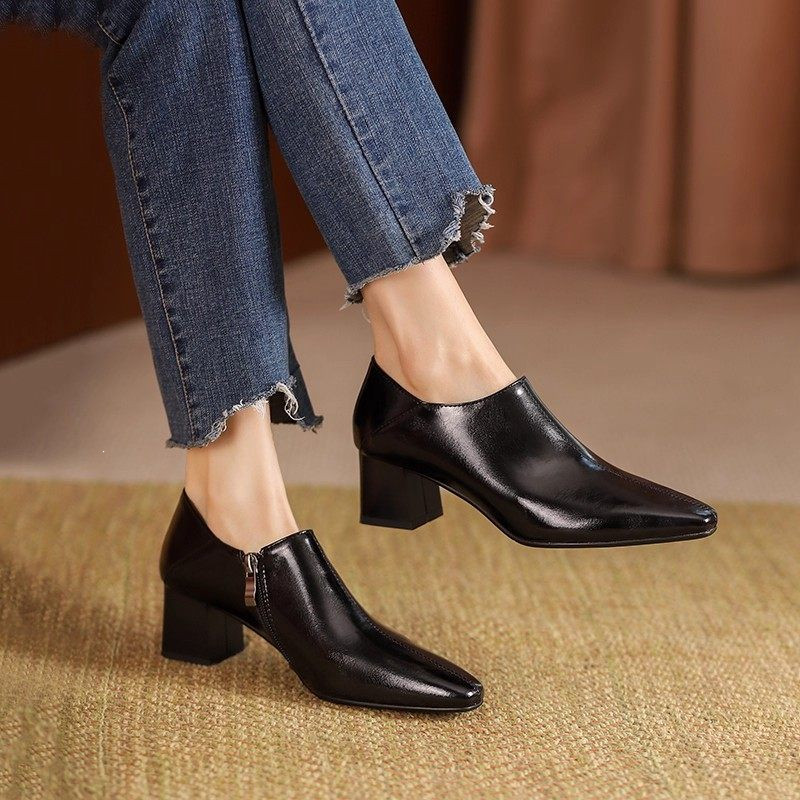 粗跟方头侧拉链真皮小皮鞋女2026年春季新款中跟简约百搭深口单鞋,女鞋,深口单鞋,淘宝优惠券,粉丝福利购,淘宝优惠卷