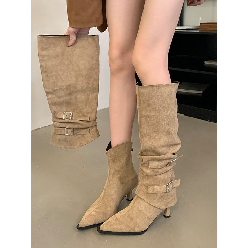 真皮磨砂尖头褶皱堆堆靴女秋冬新款可拆卸两穿细跟长筒靴高跟短靴