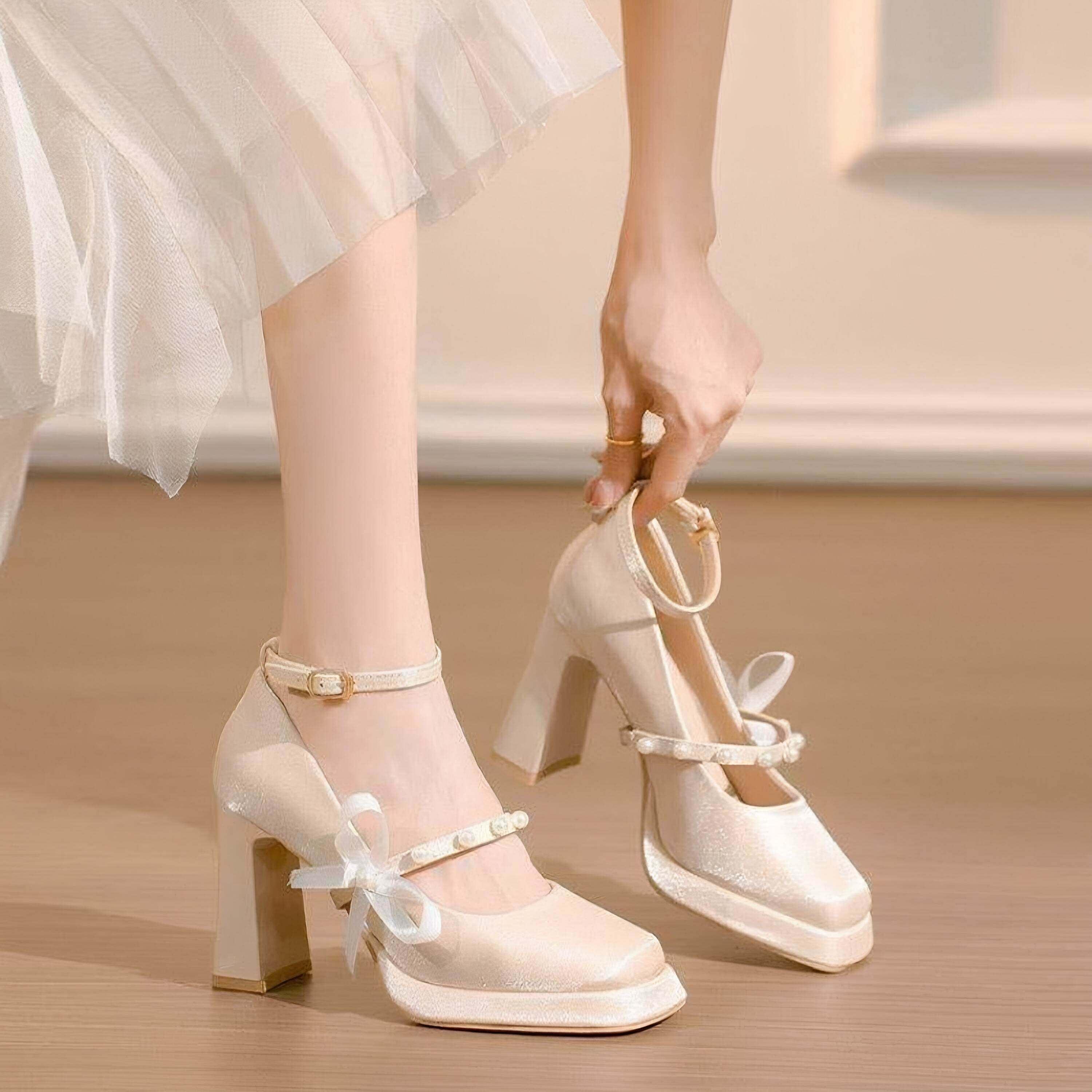 香槟色法式厚底玛丽珍新娘鞋婚鞋伴娘缎面防水台8cm高跟鞋女粗跟