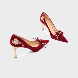 绝美高级感婚鞋女新娘鞋不累脚结婚鞋中式禾秀婚纱两穿红色高跟鞋