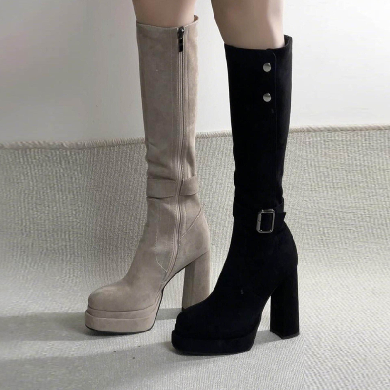复古风两穿高跟长筒靴女骑士靴子