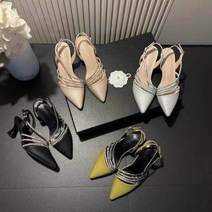 法式高跟鞋女设计感小众气质名媛配裙子单鞋水钻尖头细跟后空凉鞋