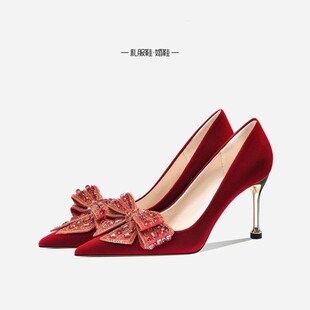水钻红色结婚鞋新娘鞋2025新款中式秀禾婚纱两穿订婚敬酒服高跟鞋
