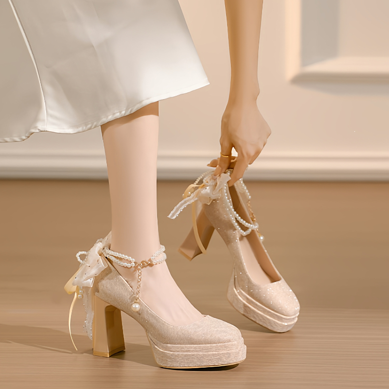 四季款珍珠一字带防水台高跟鞋女